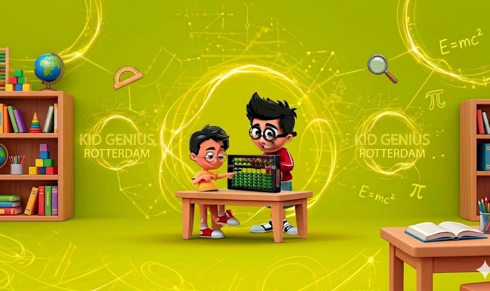Educatieve illustratie van kinderen die oefenen met soroban‑abakus.